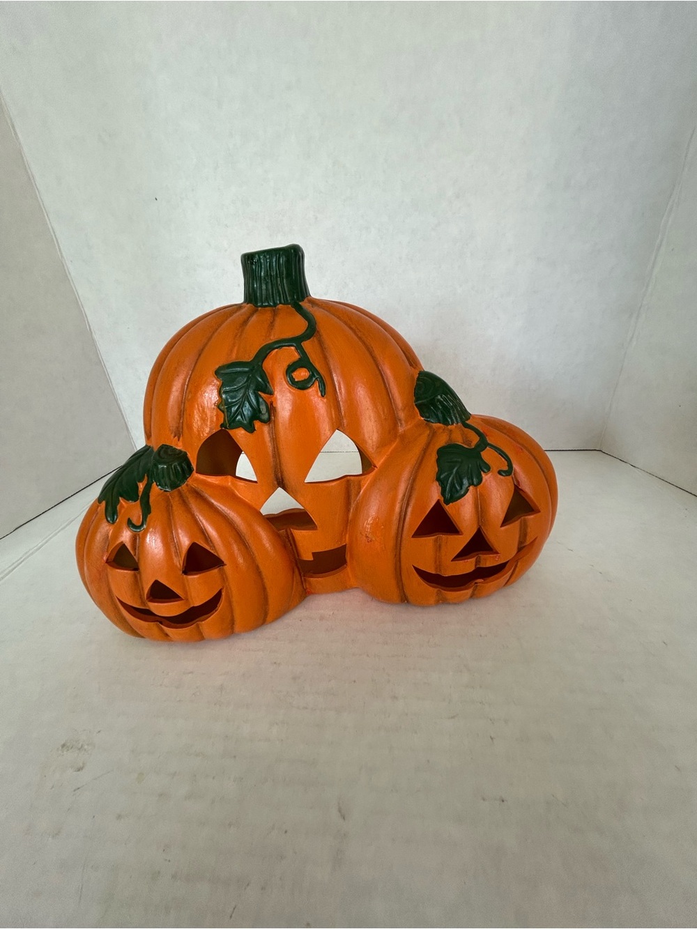Festive Orange Triple Jack-O'-Lantern Halloween Accent Ceramic Votive Holder